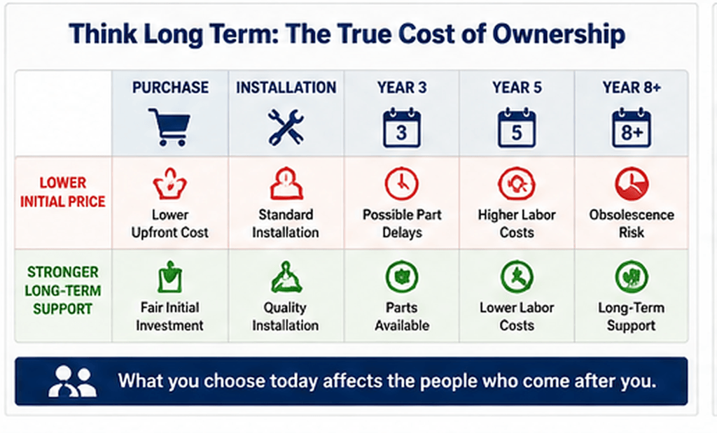 Comparison chart of LED sign ownership: lower upfront cost with delays and obsolescence vs. durable, low-cost solid-state option.