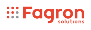 Fagron Solutions logo resembles an LED sign: six red, two gray dots in grid; bold red “Fagron” above smaller red “solutions.”.