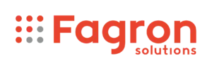 Fagron Solutions logo resembles an LED sign: six red, two gray dots in grid; bold red “Fagron” above smaller red “solutions.”.