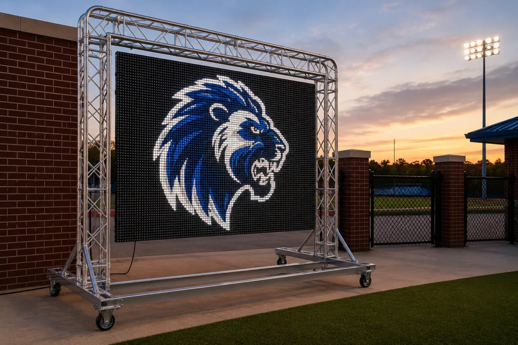 High-brightness LED message center on aluminum frame shows blue and white roaring lion logo by brick wall, field, and stadium lights at sunset.