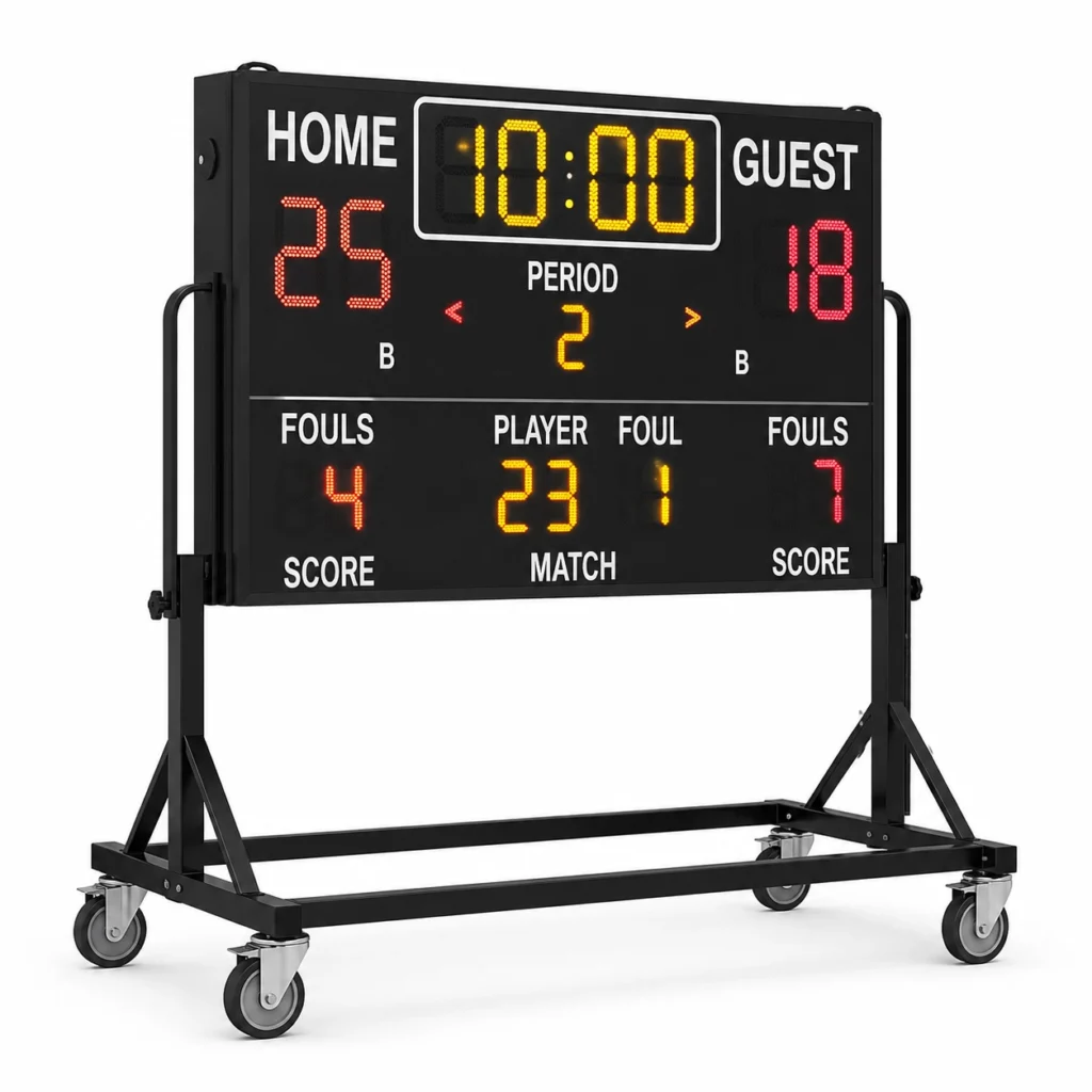 A mobile LED electronic message center shows Home 25, Guest 18, Period 2, 10:00, Fouls—Home 4, Guest 7, Player 23 with 1 foul.