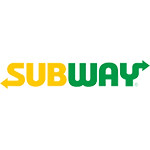 Subway LED sign: "SUB" in high-brightness yellow, "WAY" in green, both with arrow accents, on a light gray aluminum background.