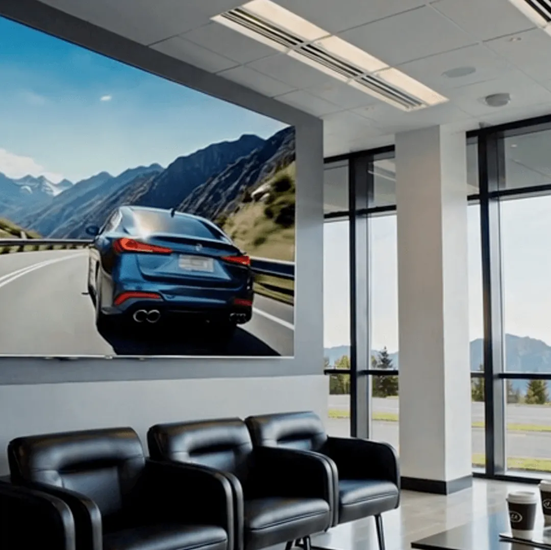 A modern waiting area featuring black chairs, expansive windows, and a wall-mounted high-brightness LED sign displaying an image of a blue car on a scenic mountain road beneath a clear blue sky; the LED display is framed in aluminum for durability.