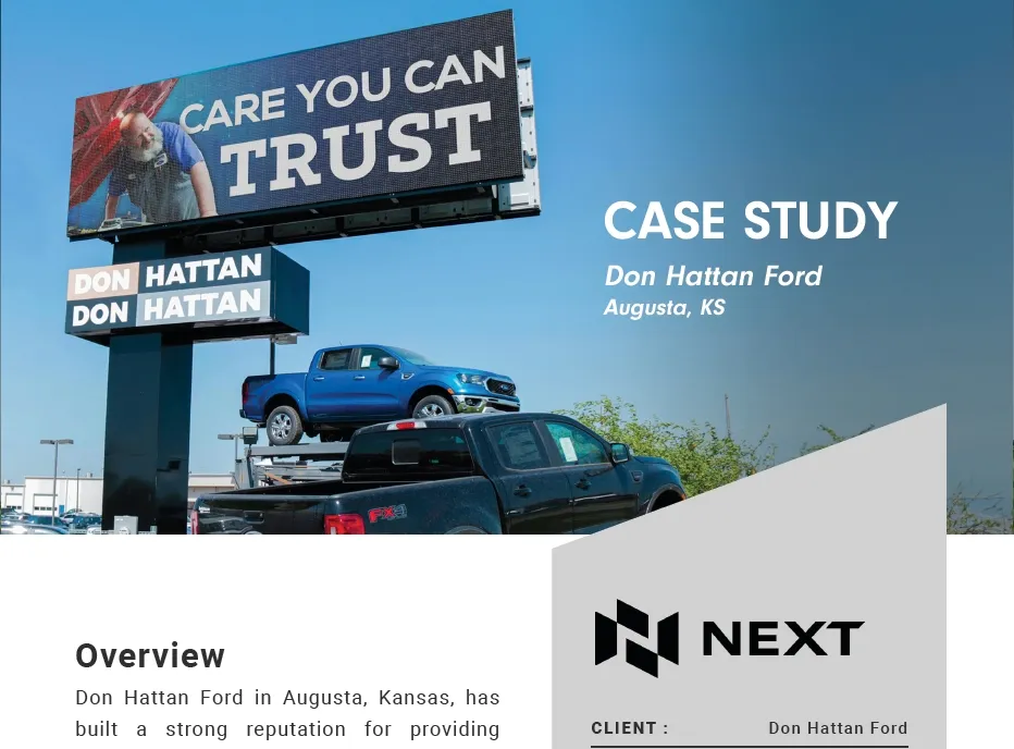 An electronic LED message center displays the text Care you can trust above the Don Hattan Ford dealership entrance, featuring a blue truck on an exterior display ramp. Signage references a case study for Don Hattan Ford in Augusta, KS.