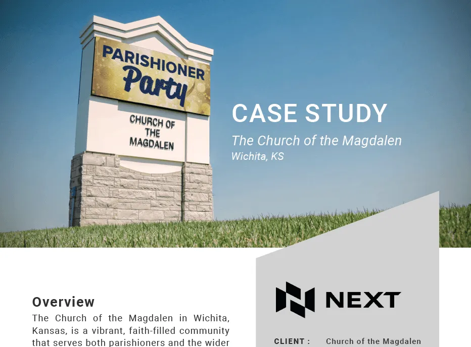 An outdoor high-brightness LED message center displays “Parishioner Party, Church of the Magdalen.” Overlaid text reads “Case Study: The Church of the Magdalen, Wichita, KS,” accompanied by institutional branding and a concise summary beneath.