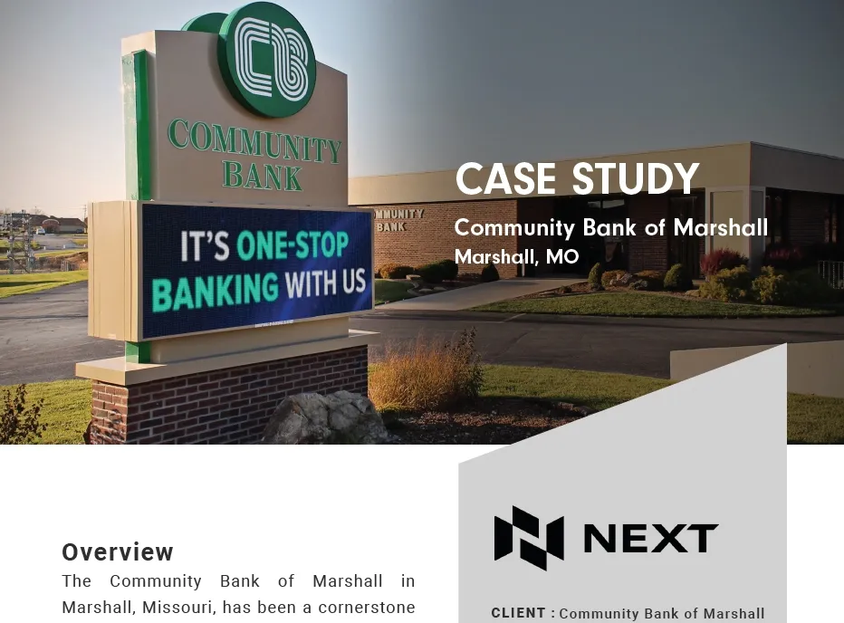 An LED electronic message center sign for Community Bank of Marshall, Missouri displays the message "Its one-stop banking with us." The solid-state sign stands in front of the bank building, and text referencing a NEXT case study appears on the display.