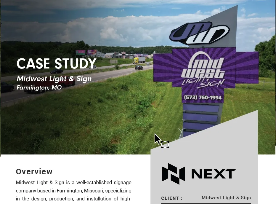 A tall, purple and gray Midwest Light & Sign LED roadside sign with an electronic message center stands along a highway. Built with high-brightness, solid-state components and aluminum construction, the sign is positioned near trees and commercial buildings under a partly cloudy sky.