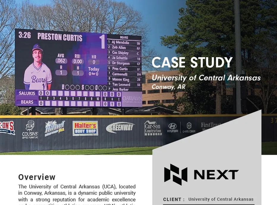 An LED electronic message center scoreboard at a baseball field shows player statistics. Overlaid text references a University of Central Arkansas case study in Conway, AR, alongside the NEXT company logo. The high-brightness display is housed in an aluminum enclosure for durability.