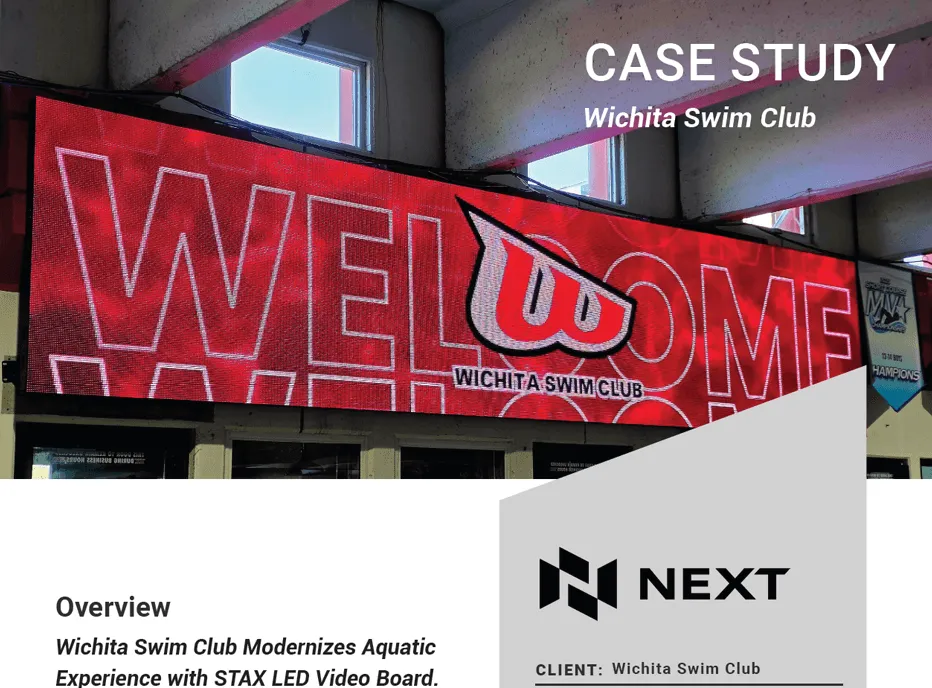 A high-brightness red electronic message center (LED sign) with the Wichita Swim Club logo prominently displays "WELCOME." The solid-state display is featured in a case study for NEXT, illustrating the club’s upgraded aquatic facility with a modern video board.