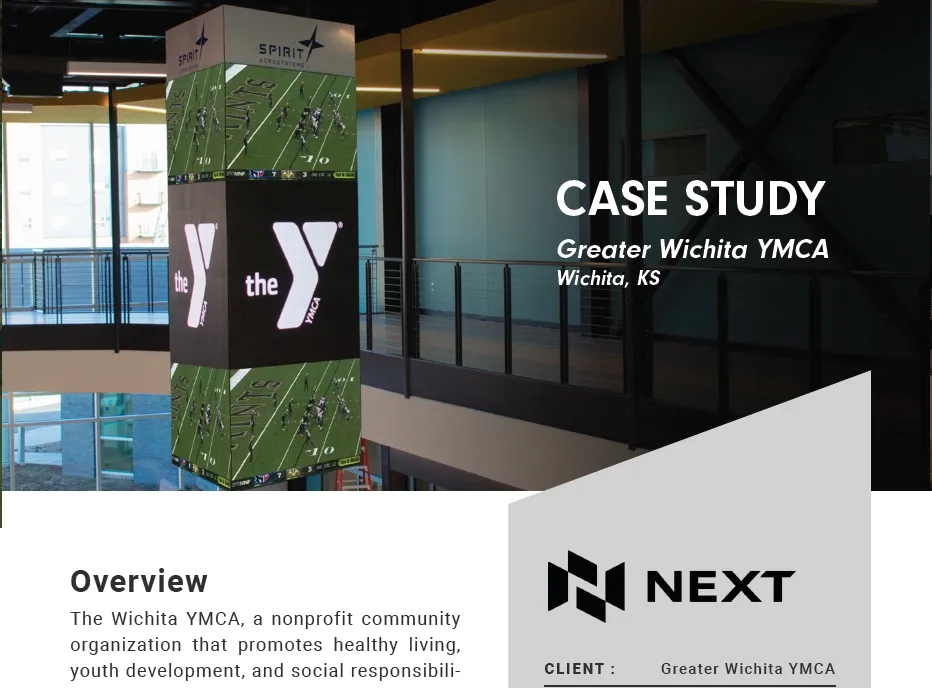 Case study highlighting the Greater Wichita YMCA, Wichita, KS, with a high-brightness LED sign featuring the YMCA logo installed inside a modern facility. An electronic message center displays text about the organization's community impact.