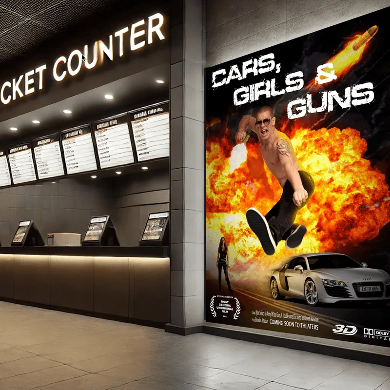 A movie theater ticket counter featuring an aluminum-framed solid-state LED sign and high-brightness electronic message centers above, with a prominent action movie poster displaying a man jumping in front of an explosion, a sports car, and the title "Cars, Girls & Guns.