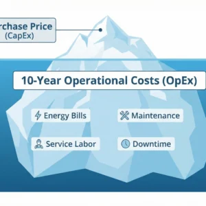 An iceberg graphic illustrates the visible Purchase Price (CapEx) of an LED sign—such as a high-brightness, solid-state electronic message center—above water, while hidden below are long-term Operational Costs (OpEx) over 10 years, including energy bills, maintenance for aluminum housing, service labor, and downtime.