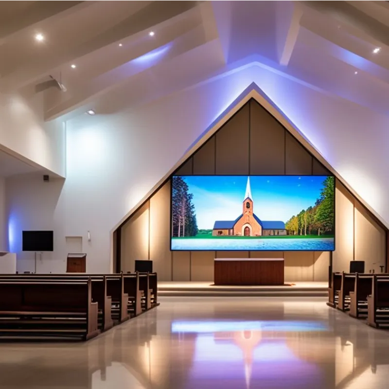 Modern church interior featuring wooden pews arranged toward a high-brightness LED sign or electronic message center, which displays an image of a steepled church; the space is well-lit with white vaulted ceilings and contemporary design.