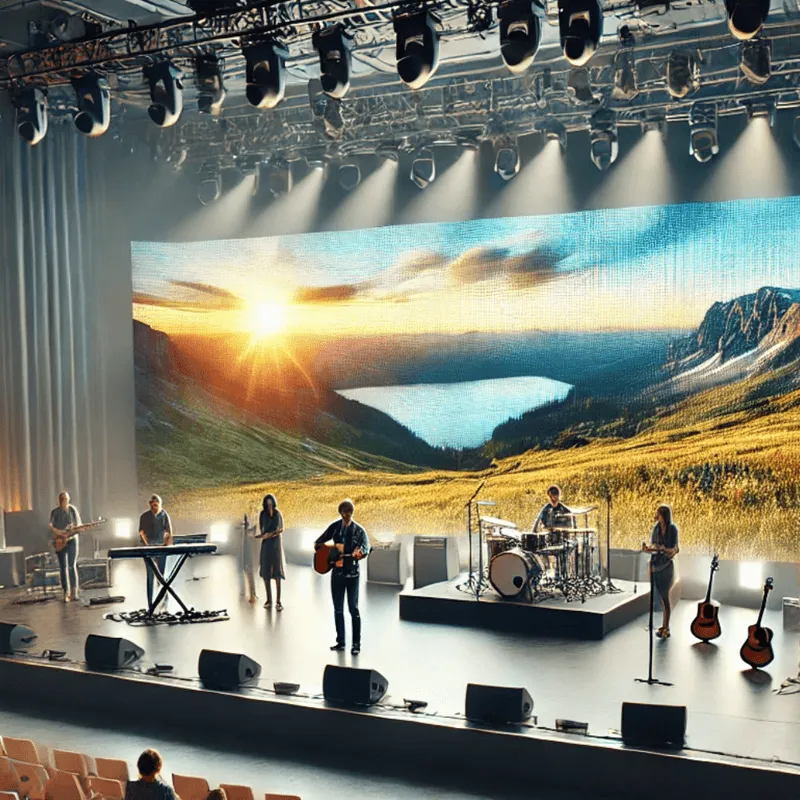 A band plays on stage with guitars, keyboard, and drums in front of a high-brightness LED sign displaying a vivid mountain, lake, and sunrise landscape; the electronic message center features solid-state technology for sharp visuals.