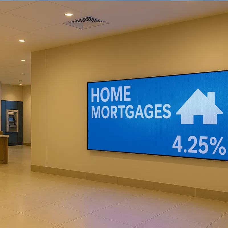 An LED electronic message center in a bank lobby shows the text "Home Mortgages 4.25%" with a house icon. The high-brightness display is positioned near an ATM and service desk, all visible in the background.