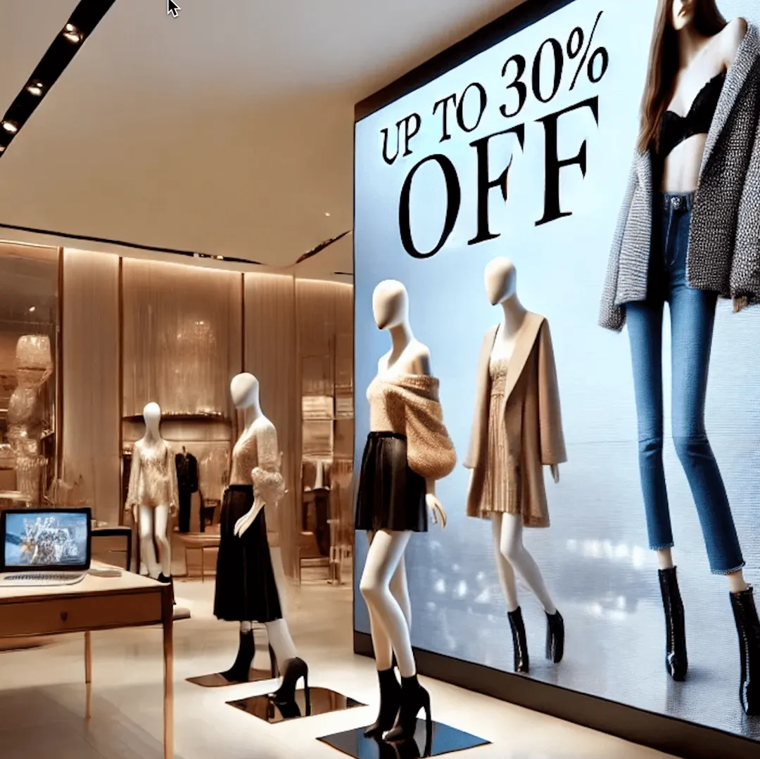 Clothing store interior with mannequins in fashionable attire and a high-brightness LED sign displaying "Up to 30% Off." Well-lit, modern space featuring aluminum fixtures and a laptop on a foreground table.