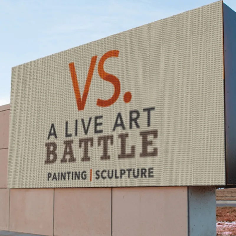 High-brightness LED electronic message center sign displays “VS. A Live Art Battle. Painting | Sculpture” in bold, large letters, promoting a competitive art event for painting and sculpture. The solid-state display is mounted on a sturdy concrete base.