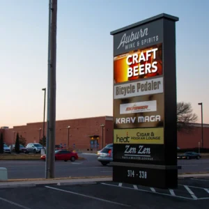 ONYX a tall commercial LED sign with an electronic message center displays business names—Auburn Wine & Spirits, Craft Beers, Bicycle Pedaler, Krav Maga, Heat Cigar & Hookah Lounge, and Zen Zen—against a dusk sky. Cars are parked in front of a brick building in the background.