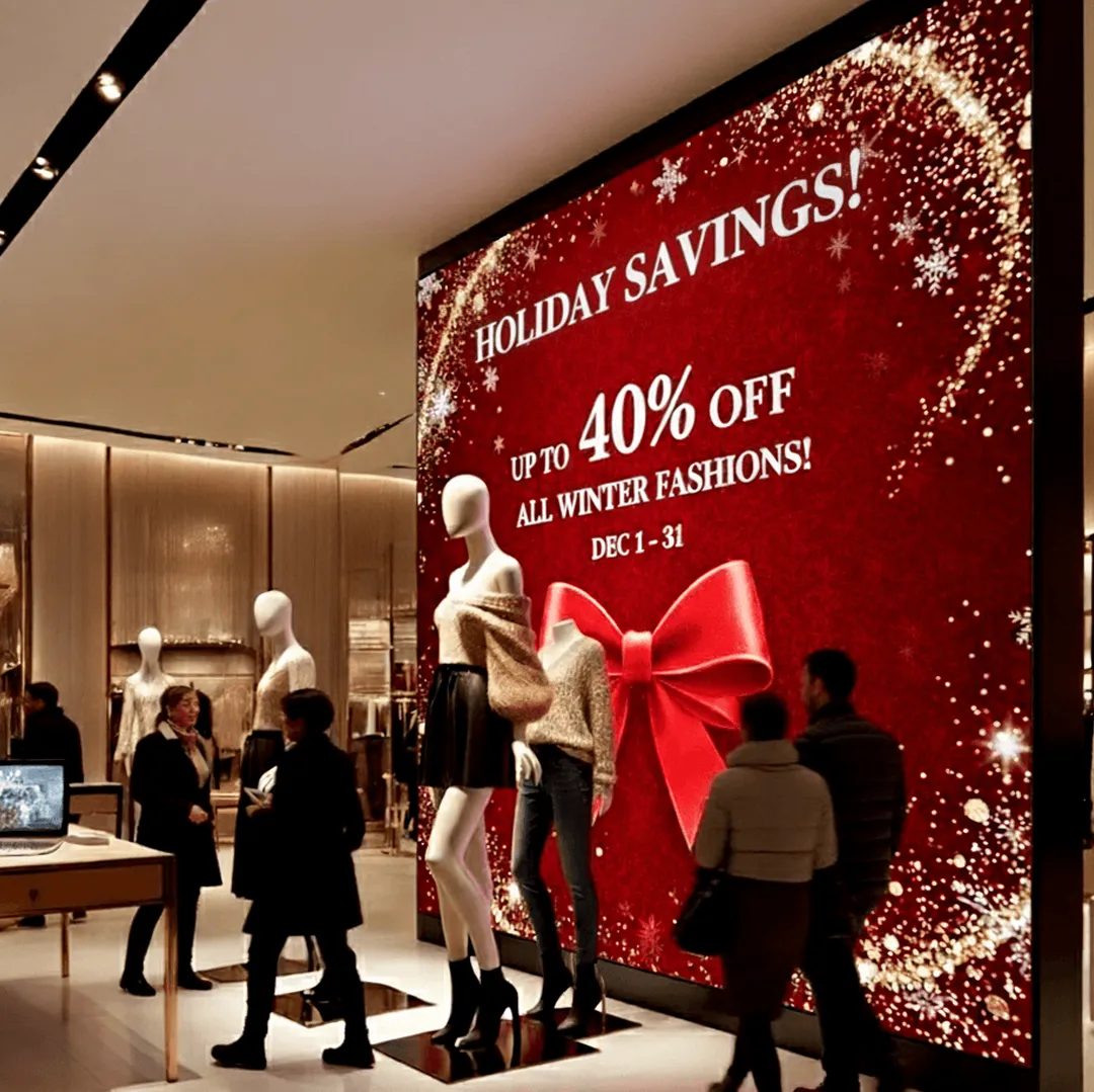 Shoppers walk past mannequins and a high-brightness LED sign in a clothing store, displaying "Up to 40% off all winter fashions, December 1–31" on a sparkling red background with a prominent red bow. The electronic message center is mounted above the winter apparel section.