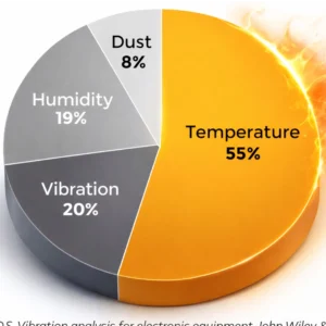 An electronic message center displays a pie chart of issue causes: Temperature (55%) highlighted in orange with a fiery effect, Vibration (20%), Humidity (19%), and Dust (8%) in high-brightness gray segments. The display features LED sign clarity suitable for solid-state commercial signage.