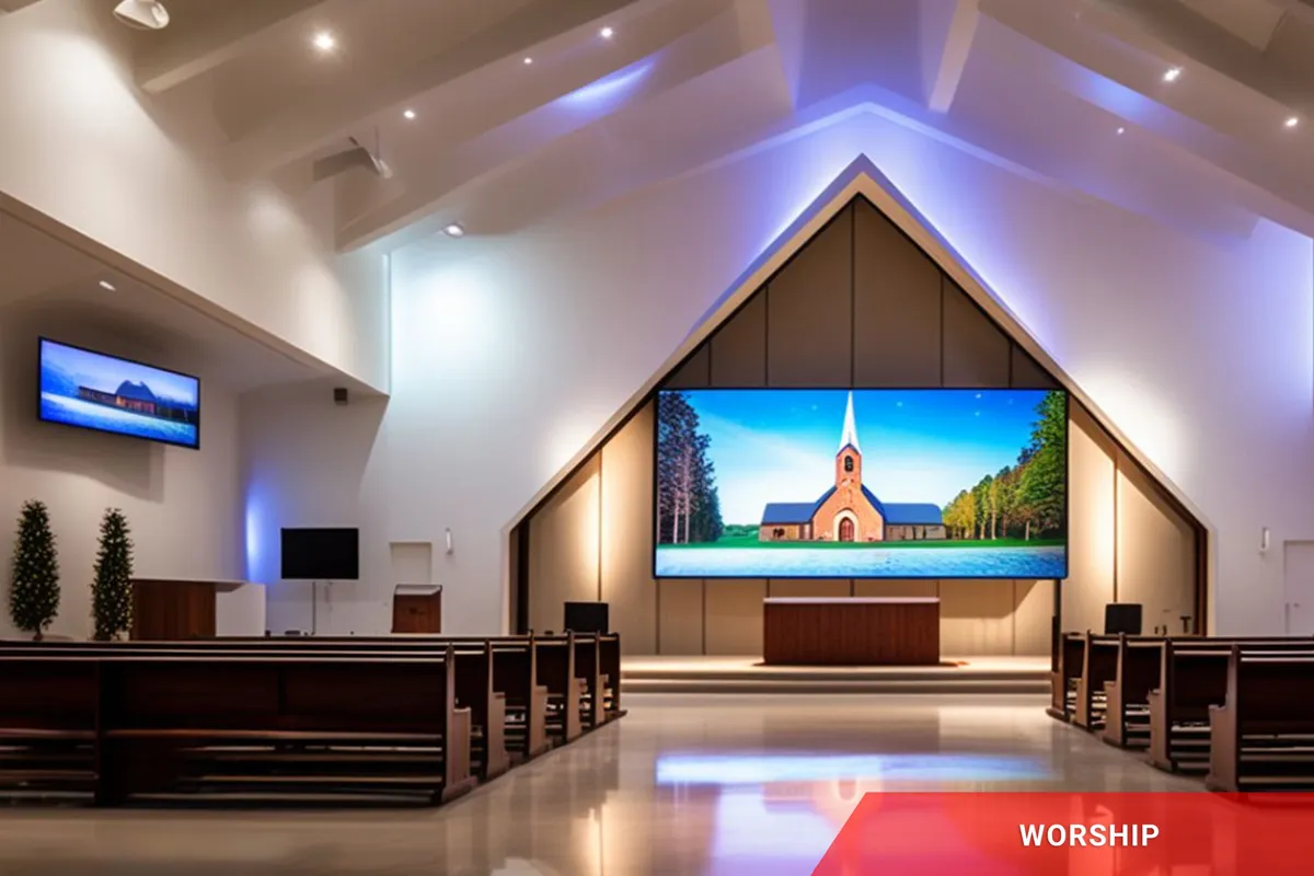 A contemporary church interior with rows of benches facing a high-brightness LED electronic message center displaying a church image; the word "WORSHIP" appears in bold red on an illuminated corner banner, screen housed in an aluminum frame.