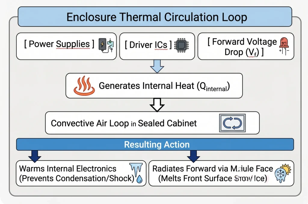 Diagram illustrating heat circulation from solid-state electronics inside a sealed LED sign cabinet. Arrows indicate how internal heat warms the electronic message center, radiates through the high-brightness display, and can melt the front aluminum surface, helping to prevent condensation and electrical shock within the enclosure.