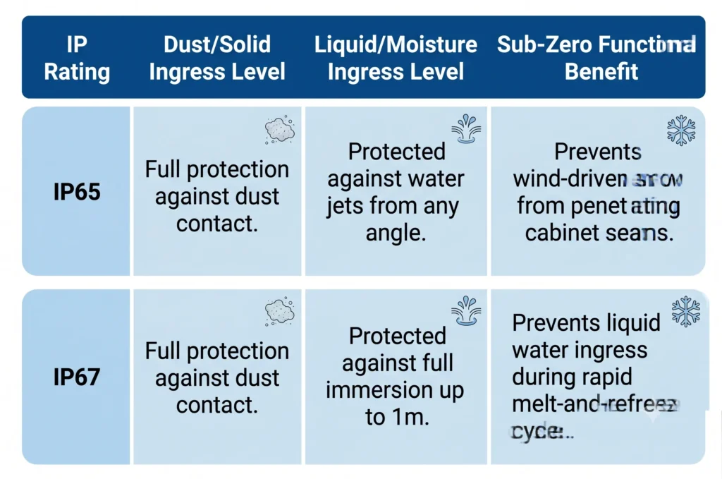 Comparison table showing IP65 vs. IP67 ratings for LED signs and electronic message centers: both ratings provide dust-tight protection; IP65 safeguards solid-state, high-brightness displays from water jets and wind-driven snow, while IP67 secures signage against immersion in water up to 1 meter and prevents ingress from rapid melt-and-freeze cycles.