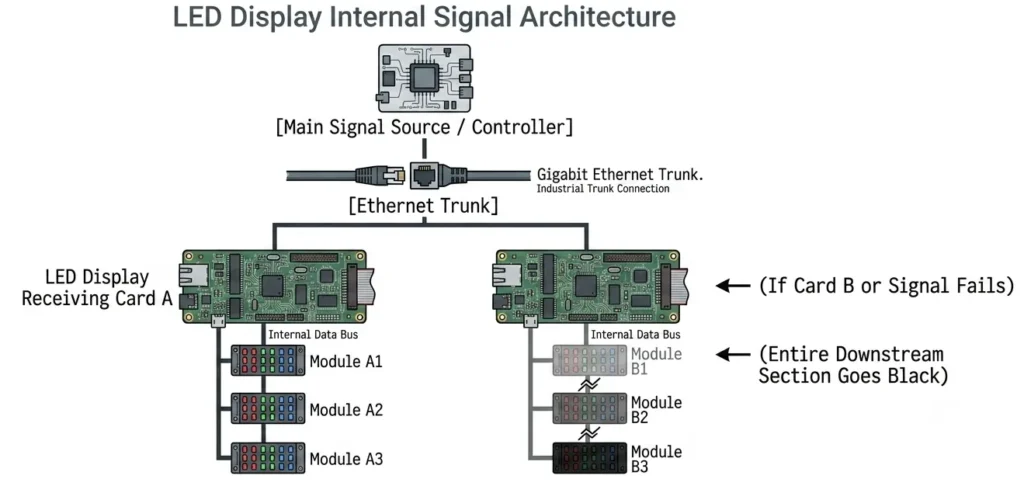 Diagram depicting the internal signal architecture of an LED sign or electronic message center, featuring main controller, solid-state Ethernet trunk, receiving cards, high-brightness data buses, and display modules. Arrows illustrate signal flow direction and highlight potential failure points.