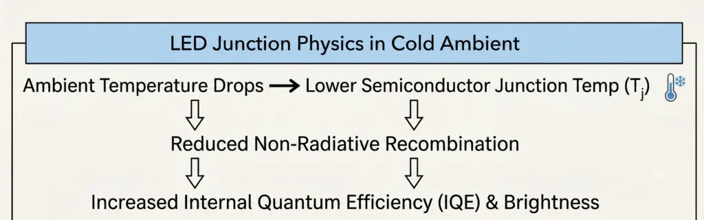 Flowchart illustrating how cooler ambient temperatures decrease LED sign junction temperature in electronic message centers, minimizing non-radiative recombination and boosting internal quantum efficiency (IQE) and high-brightness output of solid-state displays.