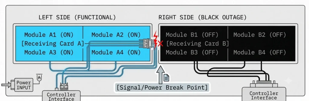 Diagram of an LED sign or electronic message center, with the left section active (modules A1–A4 illuminated) and the right section inactive (modules B1–B4 unlit), divided by a signal and power disconnection point. Labeled inputs show power supply and controller interface locations, reflecting typical solid-state, high-brightness commercial signage design.