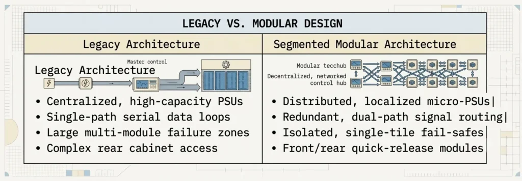 A side-by-side chart comparing legacy and modular electronic message center designs, contrasting centralized versus distributed power systems, single path versus dual path LED sign signal flow, and complex wiring access layouts versus simplified solid-state modular layouts.