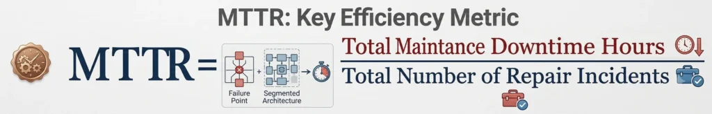 Electronic message center displaying the MTTR formula: “Total Maintenance Downtime Hours ÷ Total Number of Repair Incidents,” shown with high-brightness LED sign elements and icons for clock, repair tools, and building. Title in solid-state illuminated lettering reads “MTTR: Key Efficiency Metric.”.