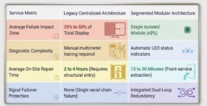 Comparison table contrasting legacy centralized and segmented modular architectures for LED signs and electronic message centers, with metrics such as failure impact, diagnostics, repair time, and failover protection. Includes relevant icons and colored sections; visually aligned to industry specs including solid-state design and high-brightness display options.