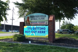 An LED electronic message center for Thompson Hills Animal Clinic displays “ITS GETTING HOT OUT HERE” in bright letters, with an aluminum frame. Background includes trees, a roadway, and several parked vehicles.