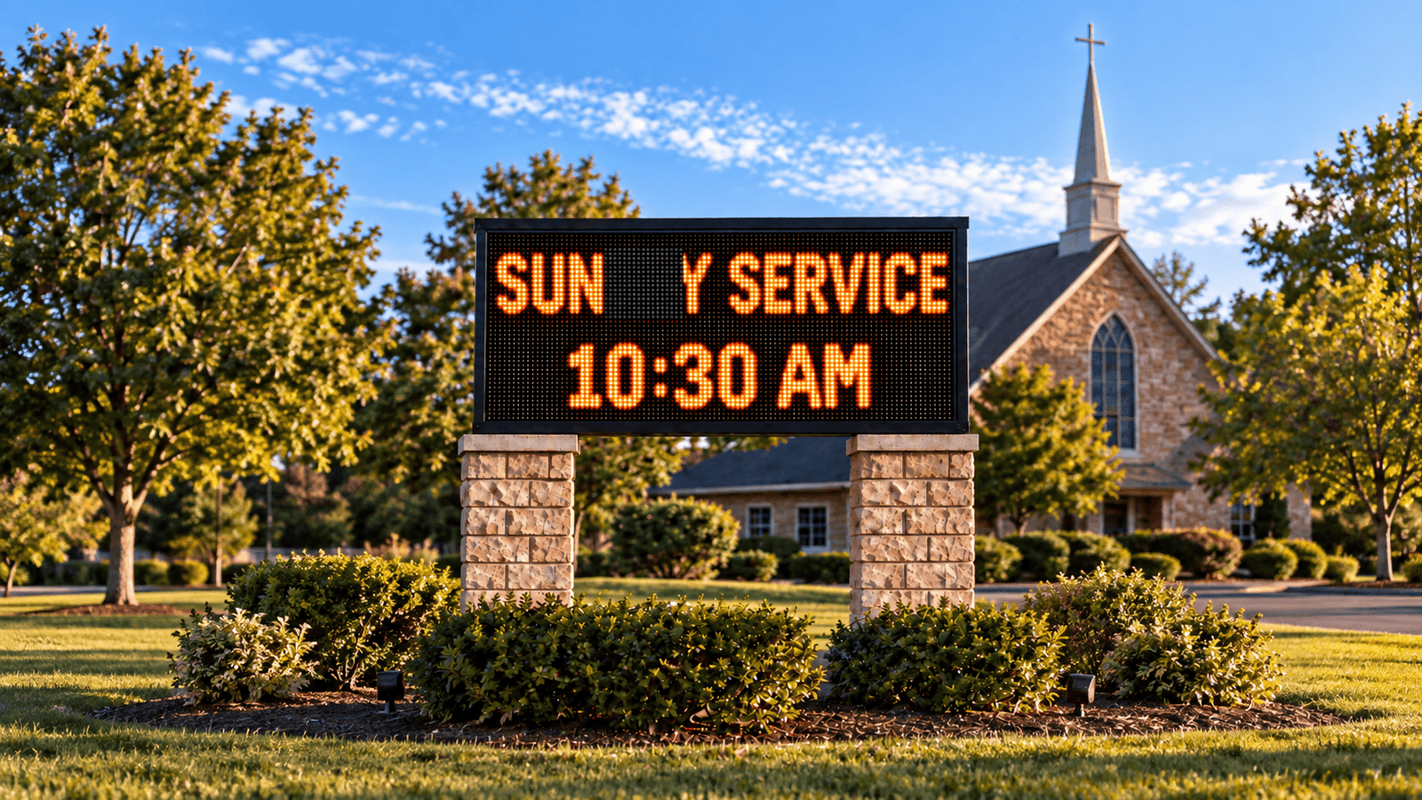 Illustration of a church LED sign with a blank rectangular section interrupting its Sunday service message.