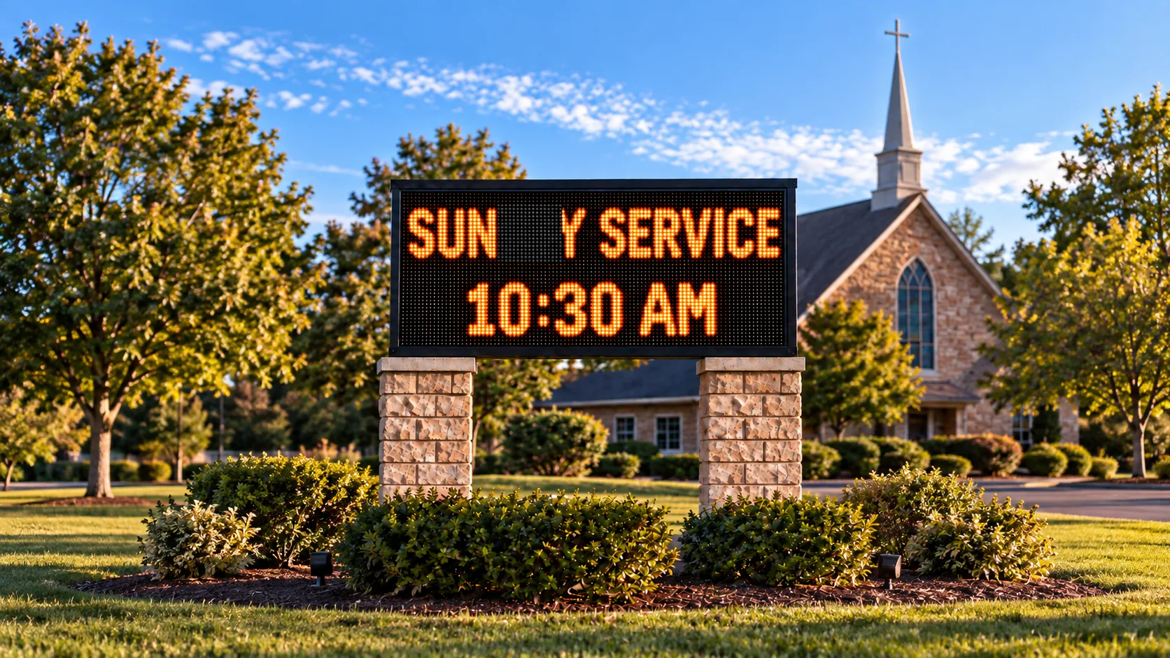 Illustration of a church LED sign with a blank rectangular section interrupting its Sunday service message.