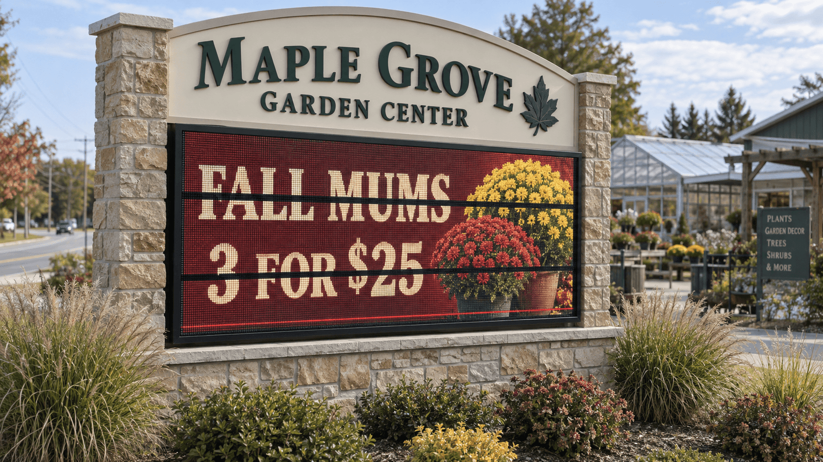 Illustration of a garden-center LED sign with horizontal black lines interrupting a fall mums promotion.