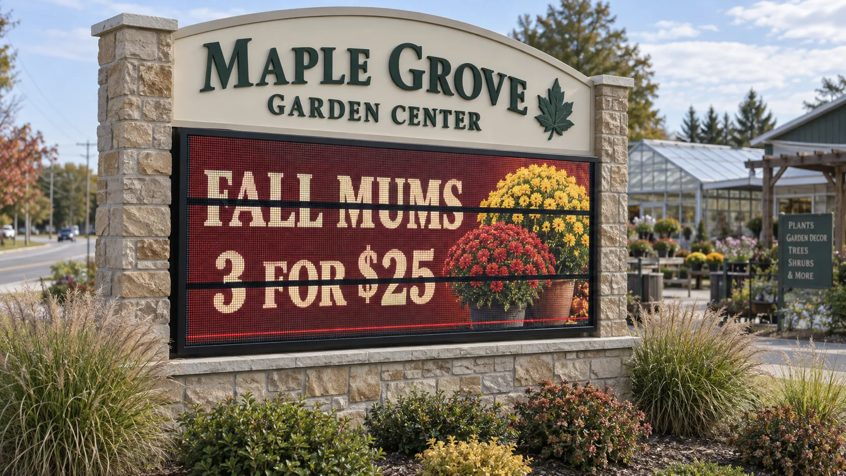 Illustration of a garden-center LED sign with horizontal black lines interrupting a fall mums promotion.