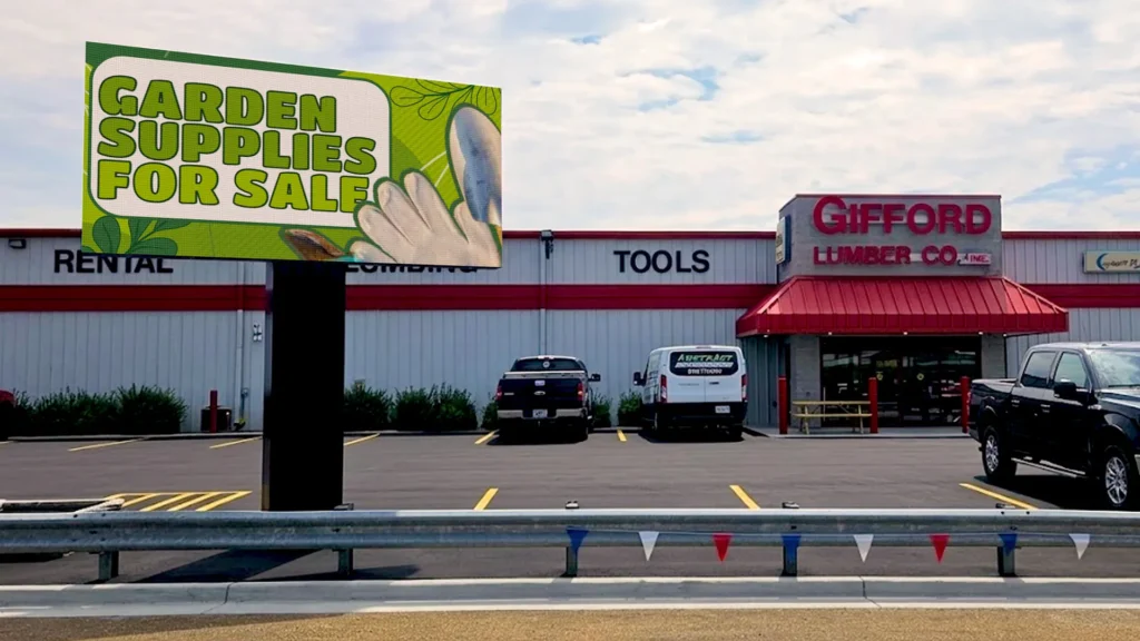 ONYX LED sign outside Gifford Lumber Co. in Fredericktown, Missouri, displaying Garden Supplies for Sale.