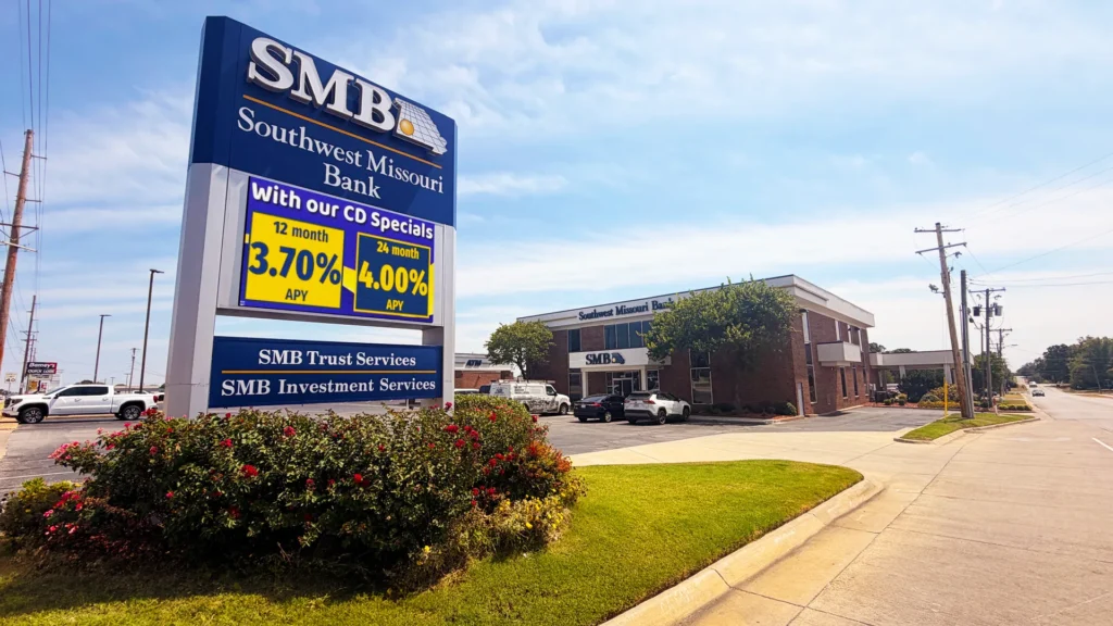 STAX LED sign at Southwest Missouri Bank in Joplin, Missouri, displaying CD specials beneath the SMB logo.