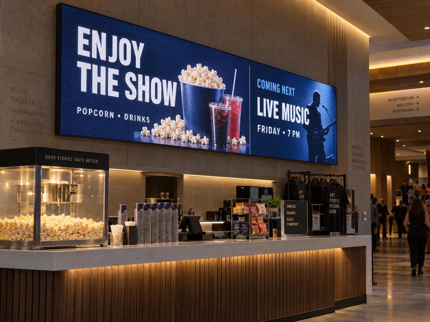 Concept rendering of a thin-frame LED display above a theater concession counter promoting popcorn, drinks, and an upcoming live music event.