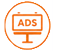 Orange icon of an LED electronic message center displaying "ADS," set inside a circular border, resembling commercial aluminum signage.