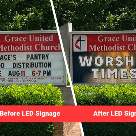 Side-by-side comparison of church signage: the left features a traditional static sign displaying detailed event information, while the right shows an electronic message center (LED sign) with high-brightness text reading "WORSHIP TIMES." Red labels indicate "Before LED Signage" and "After LED Signage.