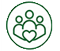 Green LED outline sign: three figures inside a circle with a heart base, symbolizing community or care; high-brightness display.