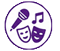 Purple LED sign icon with microphone, happy and sad theater masks, and musical note in circle; ideal for performing arts venues.