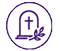 LED sign icon in purple: a tombstone with cross, encircled, featuring a leaf sprig in front. Suitable for electronic message centers.