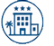 Blue LED sign icon of a hotel with three stars, adjacent small building, palm tree, in circular aluminum electronic message center frame.