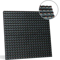 Close-up of a high-brightness, solid-state LED sign panel featuring a grid of red, green, and blue diodes. An inset circle provides a detailed magnified view of the individual LEDs used in electronic message centers.