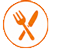 High-brightness LED sign: orange circular outline with crossed fork and knife, food or dining symbol for electronic message centers.