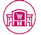Pink LED shopping mall icon with central entrance, shopping cart motif, and circular border; resembles electronic message center signage.